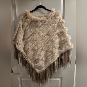 Alberto Makali Genuine Rabbit Fur Poncho with Fringe